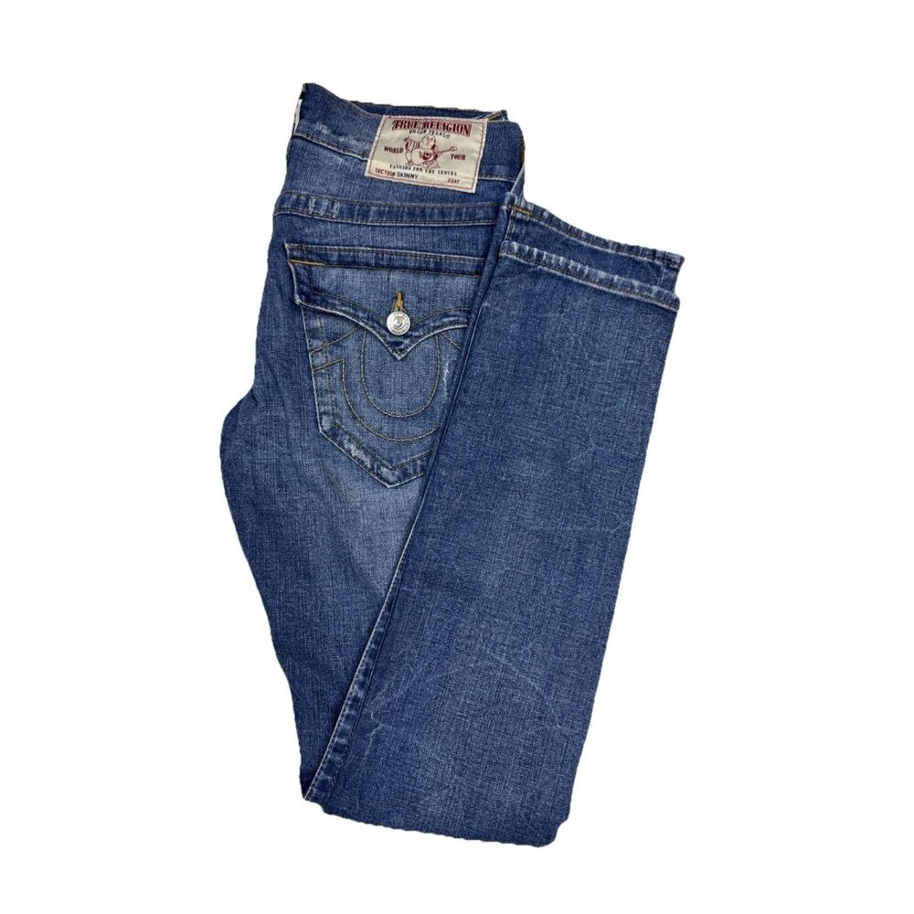True Religion Section Skinny Jeans Blue Orange Stitch Red Flap Mens 30x34